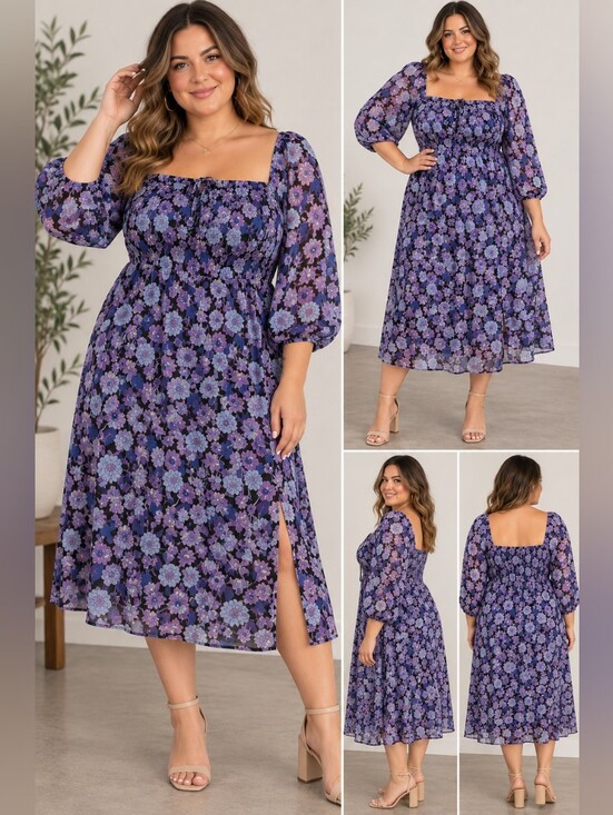 Addition Elle Dresses & Skirts - 🌺 2/$30 Addition Elle Purple Floral Square-Neck Midi Dress
